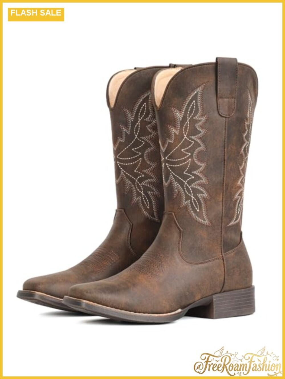 Square Toe Western Cowgirl Mid Calf Pull On Boots